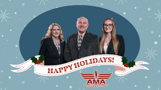 Three people in formal attire with a "Happy Holidays" banner below, set against a blue background.