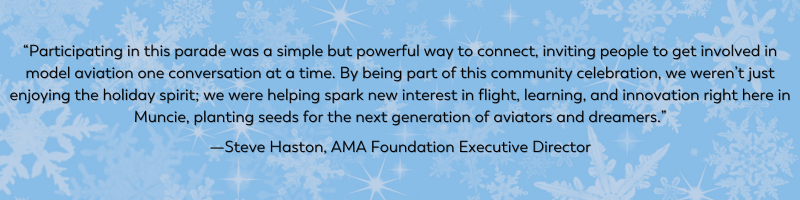 Blue background with white snowflakes and text about model aviation community involvement.