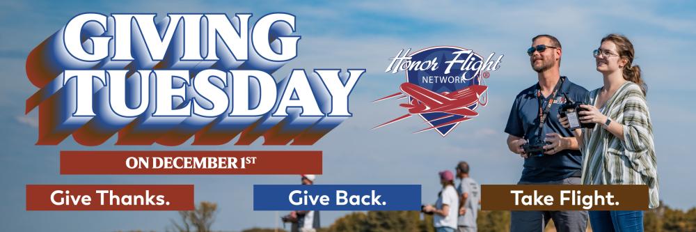 Giving Tuesday banner with three people outdoors, clear sky.