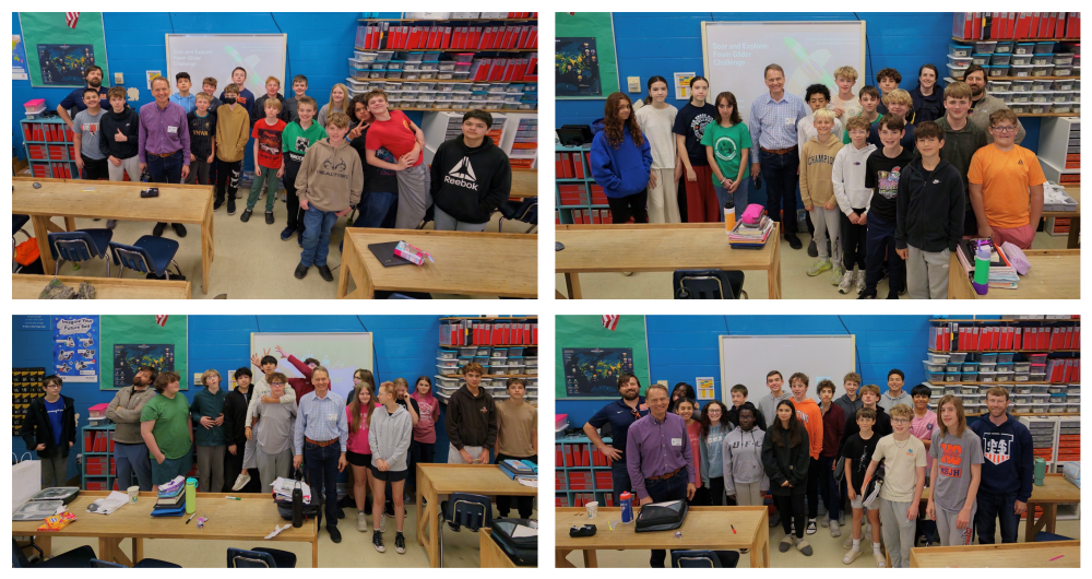 Classroom group photos with students and teachers smiling.