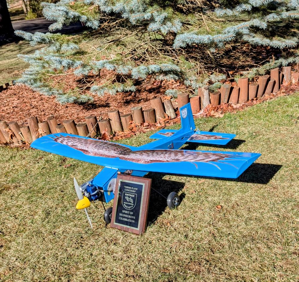 Blue model airplane with a wooden plaque on grass near a wooden fence and tree.