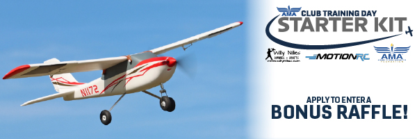 Model airplane in flight against a blue sky; text promoting a starter kit raffle.
