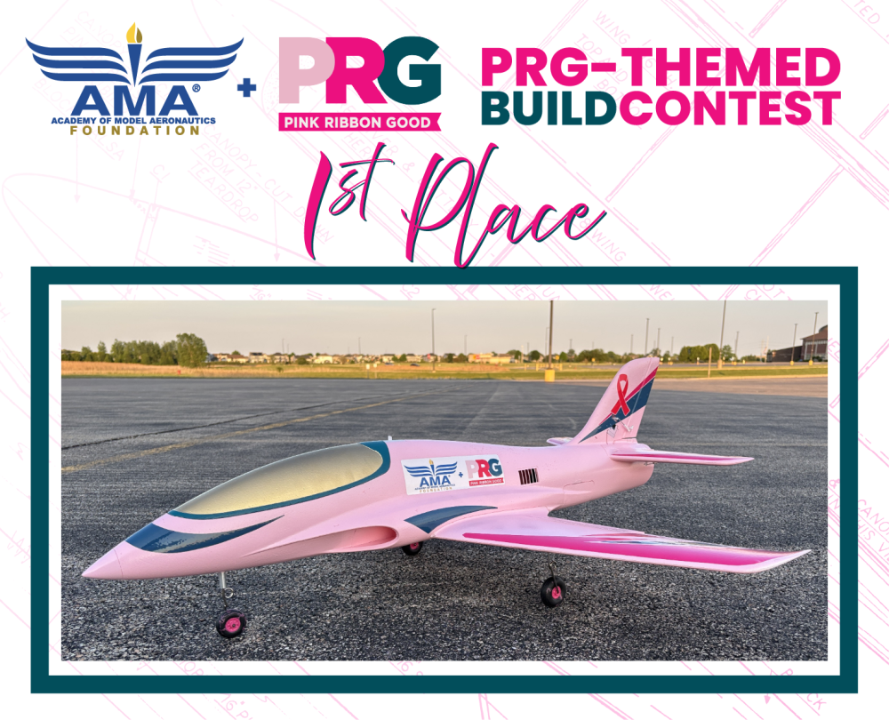 Pink model jet on runway, labeled 1st place in PRG-themed contest.