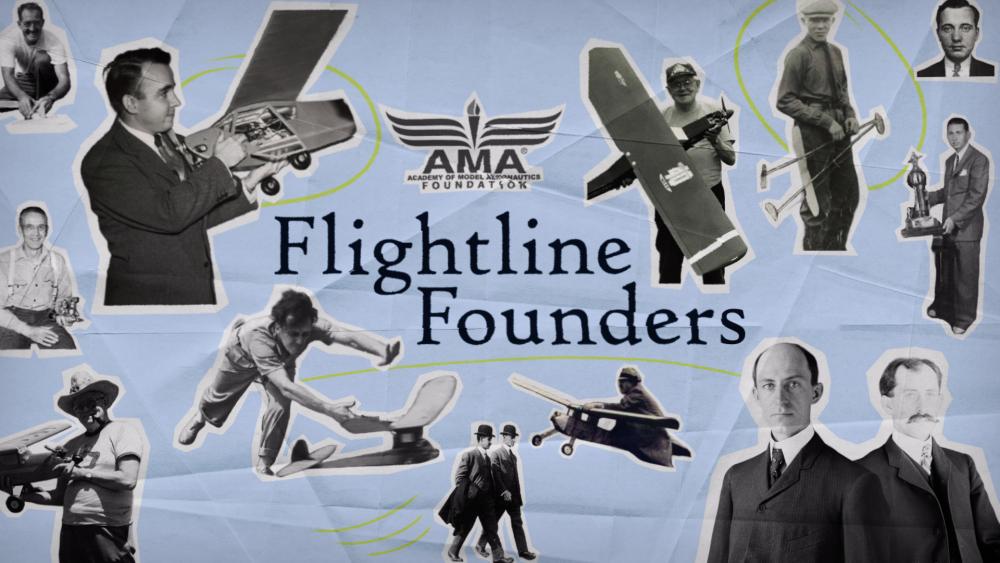 Collage of aviation pioneers with model planes, AMA logo centered above.