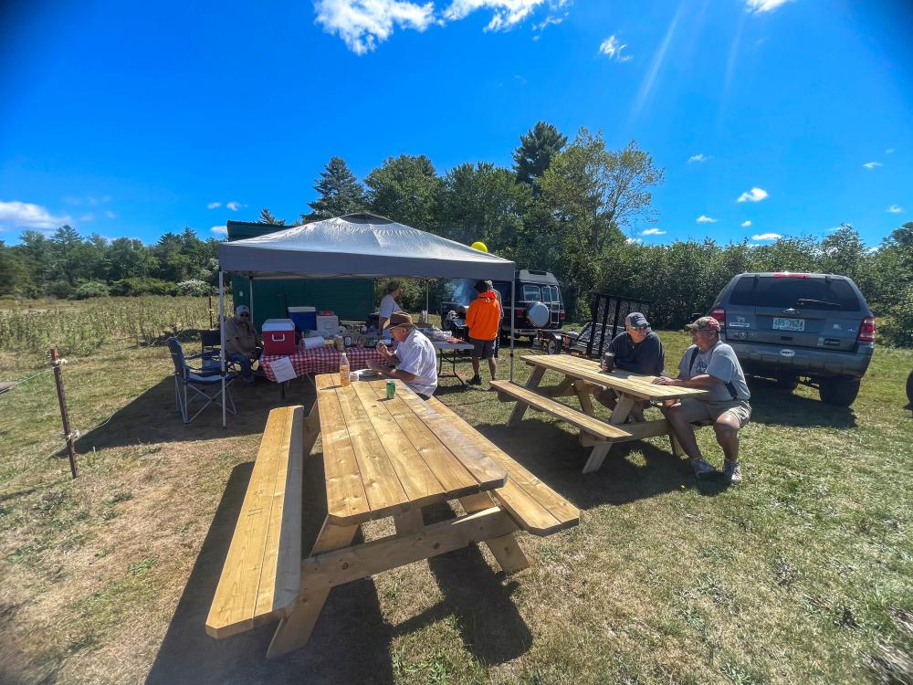 People sitting at picnic tables under a tent in a sunny outdoor setting.