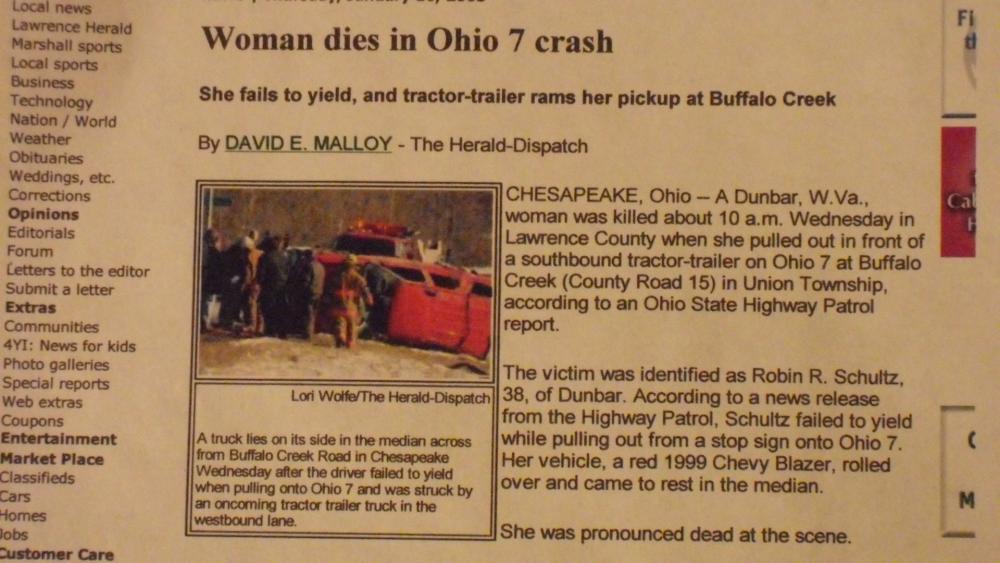 Newspaper article about a fatal vehicle crash in Ohio.