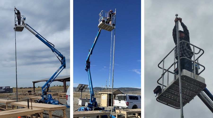 Three images of a man on a lift adjusting tall poles against cloudy and clear skies.