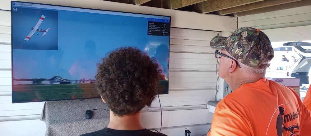 Two people watching a flight simulation on a large screen.