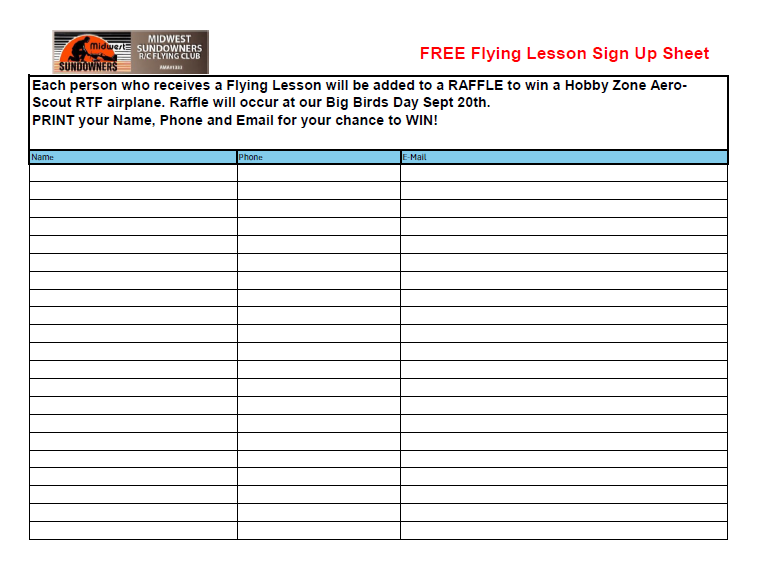 Flying lesson sign-up sheet with table for name, phone, and email.