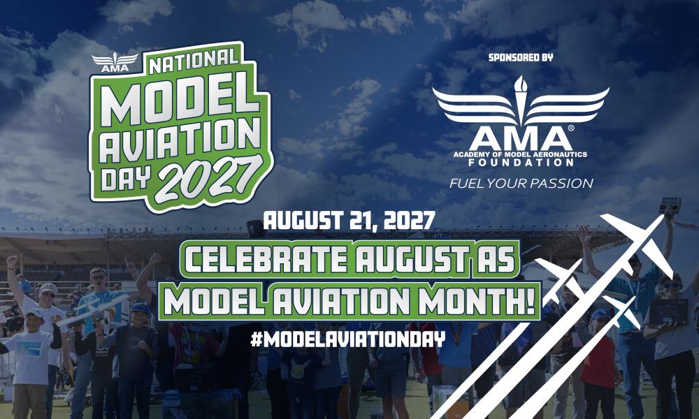 National Aviation Day 2027 banner with crowd and model planes.