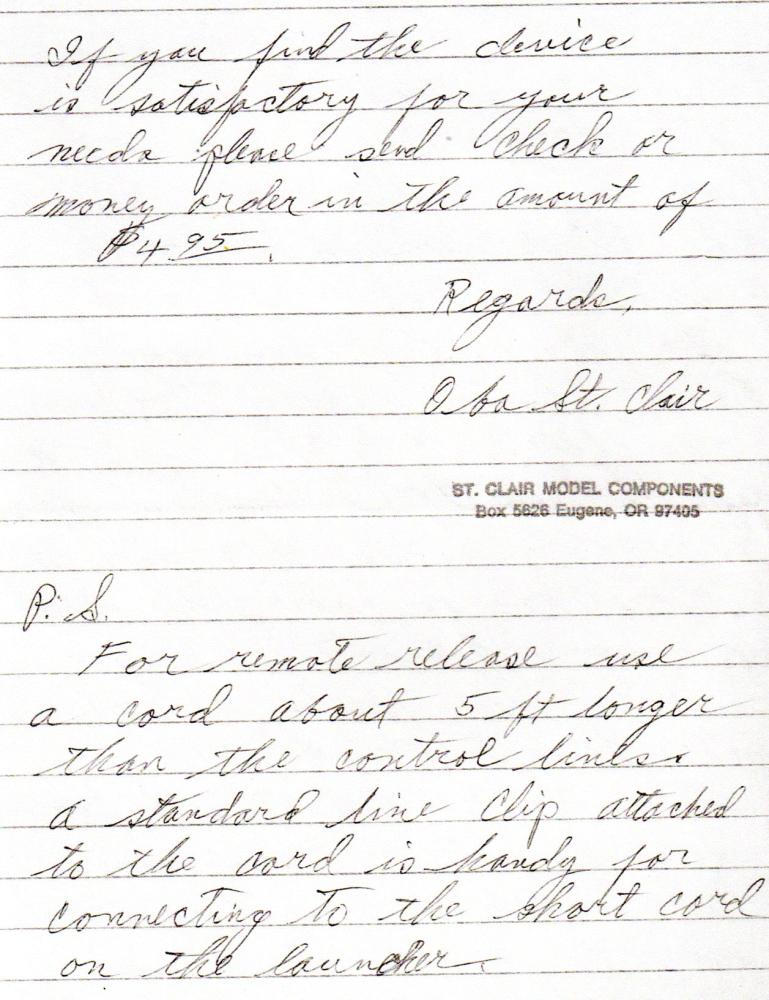 Handwritten letter about a device and remote release cord.