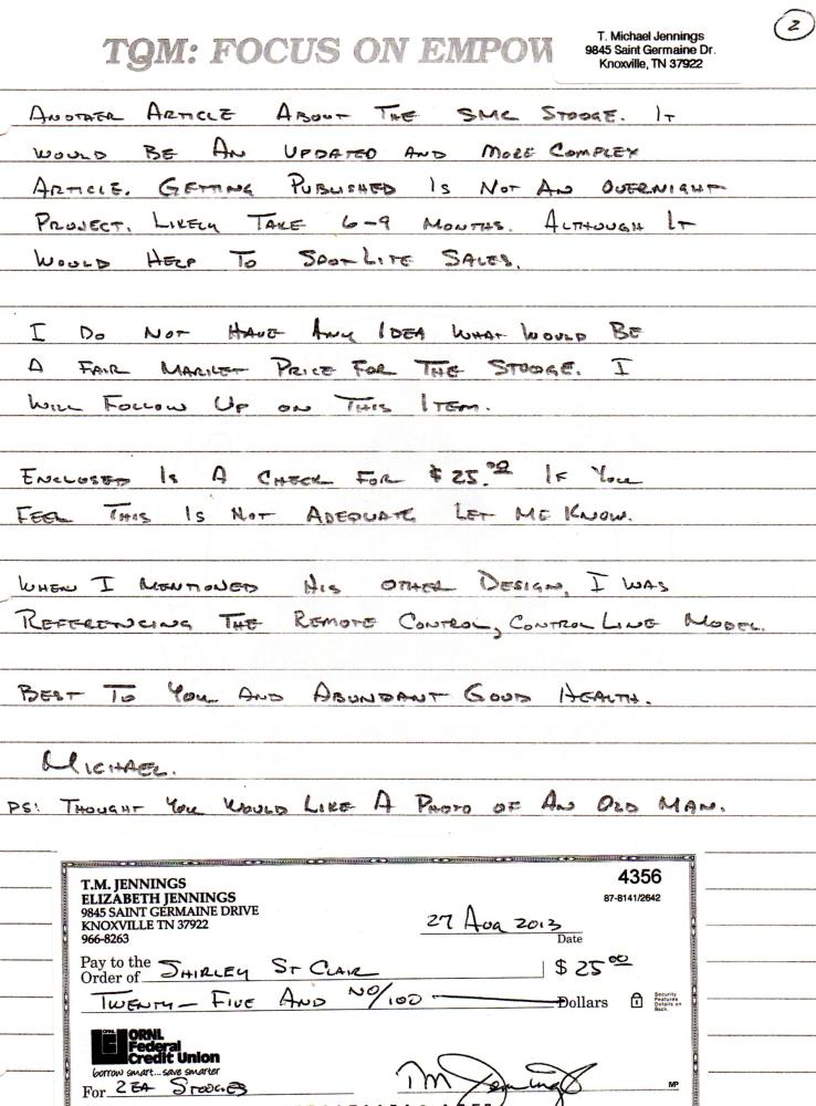 Handwritten note with a check attached, dated August 27, 2013.