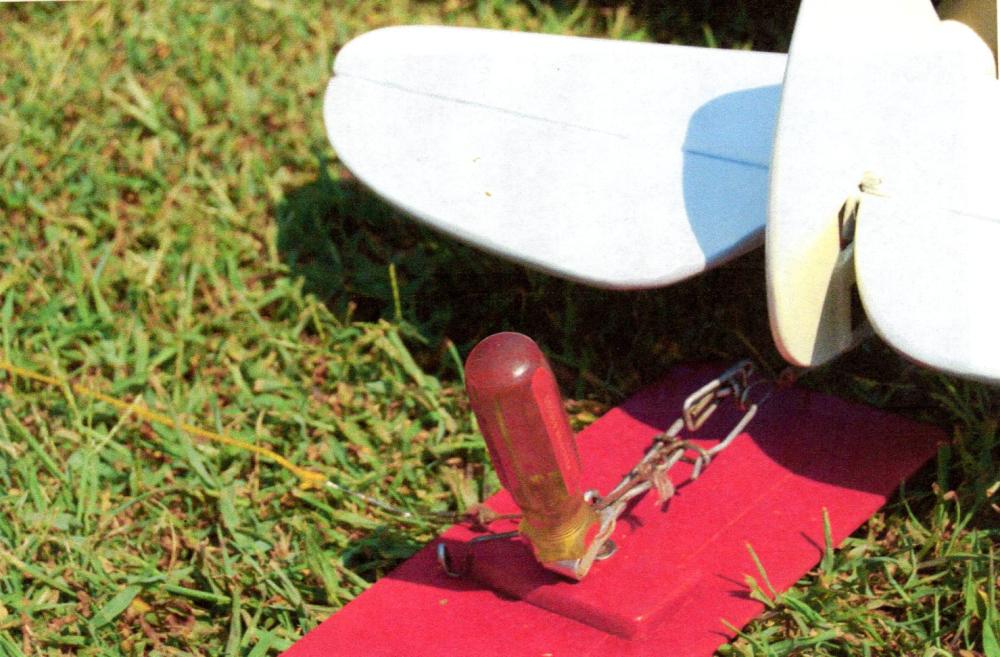 Toy plane on grass with a red stand and chain.
