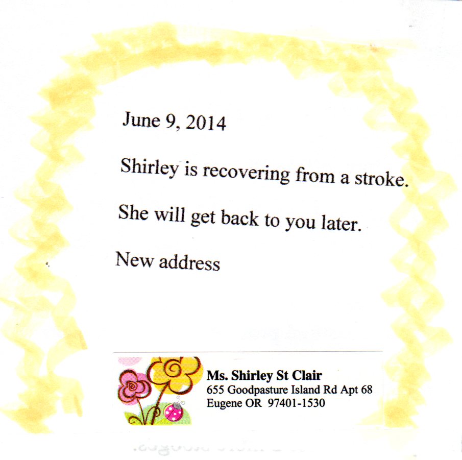 Note with handwritten address and floral illustration.