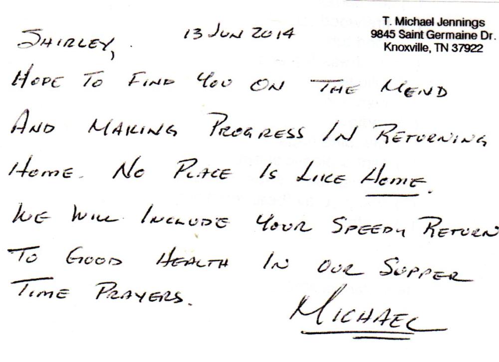 Handwritten note to Shirley wishing for recovery and mentioning prayers.