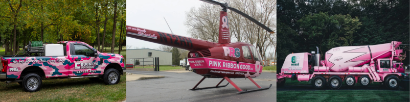 Three pink camo vehicles: a truck, helicopter, and cement mixer.