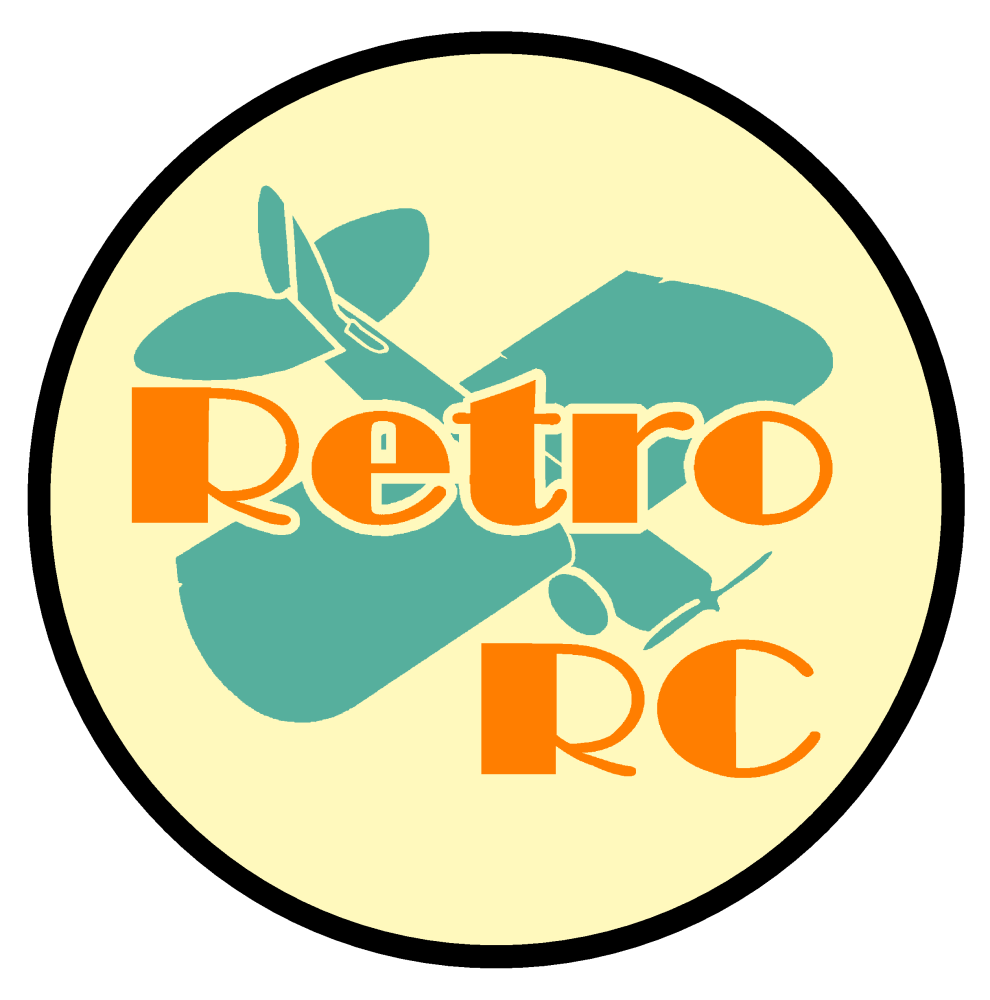 Retro RC logo with a teal biplane and orange text on a cream circle.