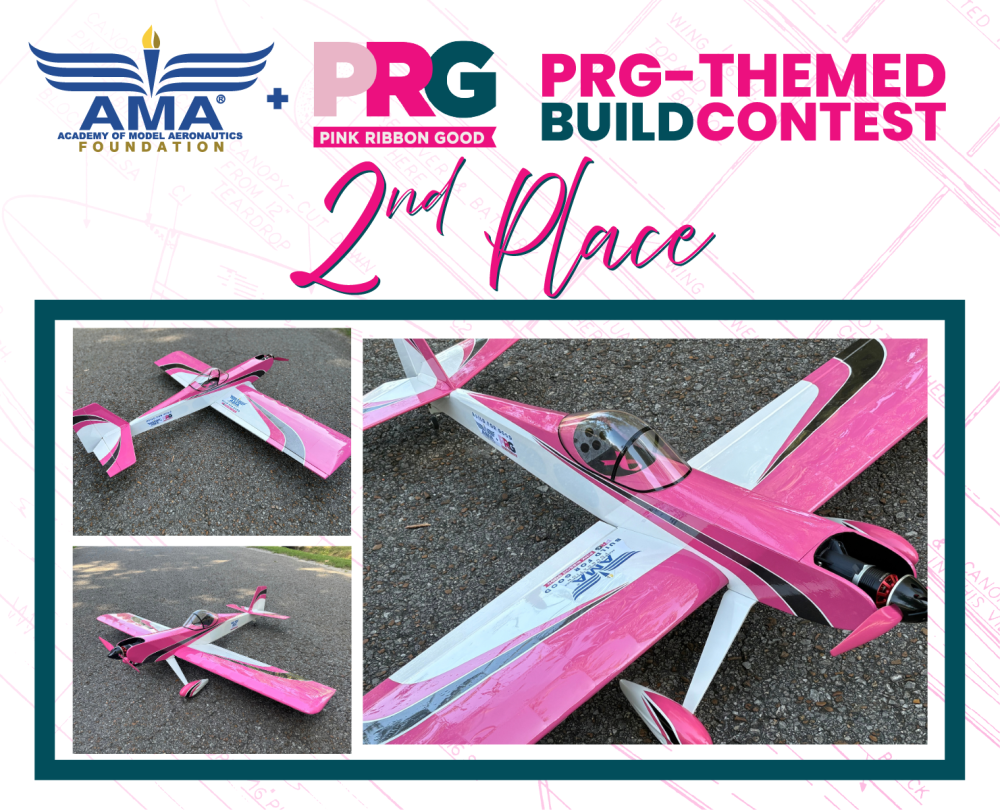 Pink model aircraft with decals, labeled "2nd Place" in a build contest announcement.