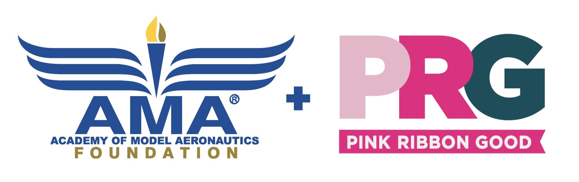 Blue Academy of Model Aeronautics Foundation logo, a plus sign, and the logo for Pink Ribbon Good. 