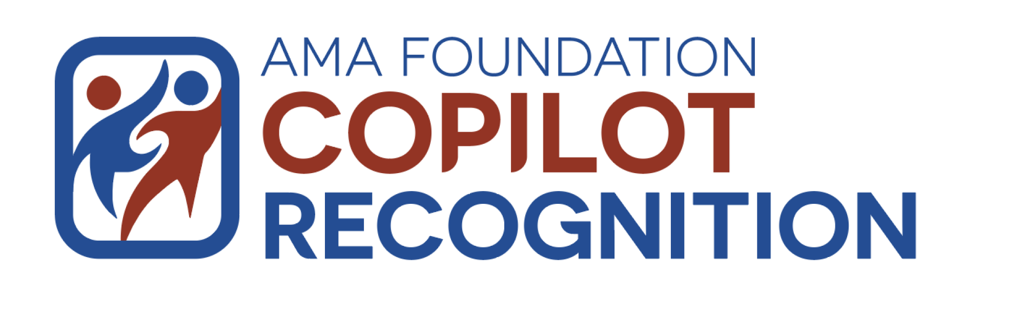 Two blue and red figurines next to text that reads "AMA Foundation Copilot Recognition Program."