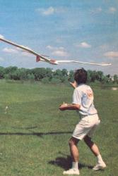 Man launching a glider in a grassy field under a blue sky.
