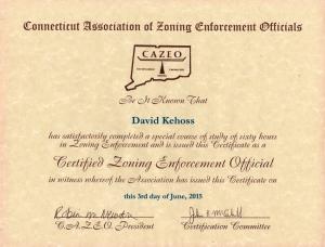 Certificate for Certified Zoning Enforcement Official from Connecticut Association.