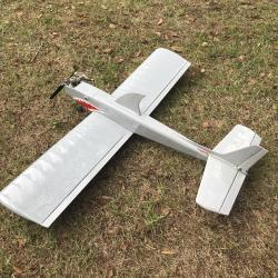 White model airplane with a shark face on grass.