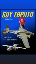 Model B-25 bomber on blue background, with a man in a red shirt in the top right.