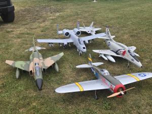 Model military aircraft on grass.
