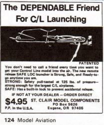 Advertisement for a model airplane launcher, $4.95, strong and safe design.