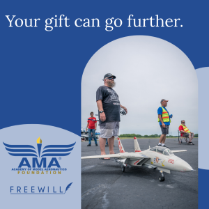 Model airplane on runway with pilot nearby, AMA Foundation and Freewill logos.