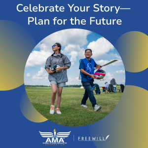 Two people with model airplanes walk in a grassy field under a blue sky.