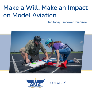 Two people assemble a model airplane on an outdoor runway.