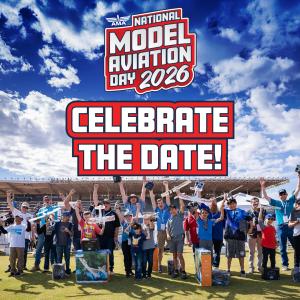 Group holding model planes outdoors, under blue sky, with text: "Celebrate the Date!"