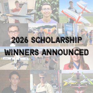Collage: smiling individuals with model aircraft and drones. Text: "2026 Scholarship Winners Announced."