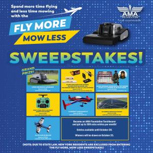 "Fly More Mow Less sweepstakes announcement, featuring drone and airplane imagery."