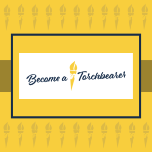 "Become a Torchbearer" text in elegant script with torch icon, yellow background.