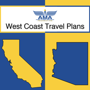 California and Arizona silhouettes, West Coast Travel Plans text, AMA logo above.
