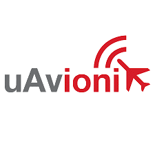 uAvionix logo featuring a red airplane and radio waves.