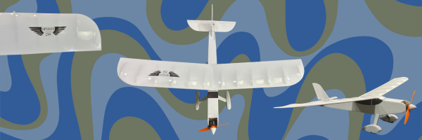 Three white model airplanes on a blue and green abstract background.